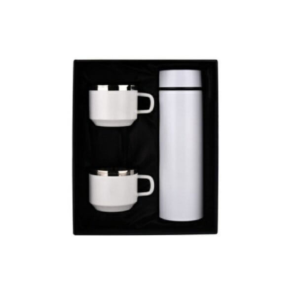 Trillion (Satin) White Temperature Bottle With 2 Steel Cups Gift Set