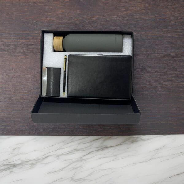 Personalized 4 in 1 Corporate Gift Set which includes Diary, Business card, Metal Pen & Water Bottle. Personalized Corporate Gift for Clients